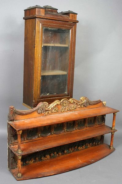 Pair of Small Wall Cabinets, La Scala Opera: Pair of small Empire-style glass-front small wall cabinets, La Scala opera, 13" x 24". Damage to top right corner edge, chips/loss in decorative wood molding.