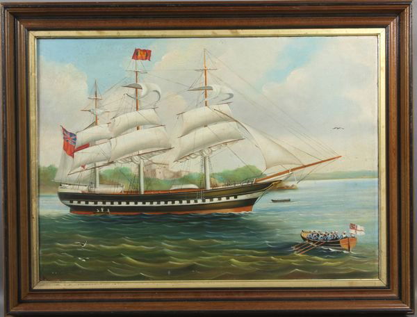 Old English Man-of-War or Clipper Ship, o/c: Old English man-of-war or clipper ship, o/c, unsigned, 27 1/2" x 19 1/2", in frame 35" x 25".