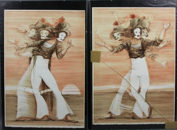 Jean Coladon, (2) Lithos of Marcel Marceau: Jean Coladon (French, b.1933), two (2) limited edition lithographs of Marcel Marceau, both signed LR, one numbered 114/250, one numbered 39/250, each 21 1/8" x 15", unframed, under glass. Glass cracke