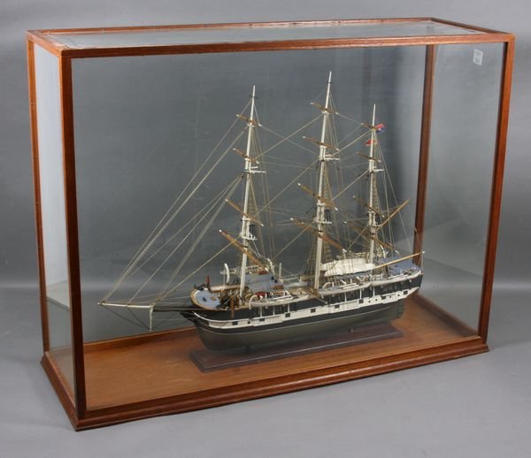 Cased Wooden Ship Model of Whaler "Morgan": Cased wooden ship model of the whaler "Morgan", model 20 1/2"h. x 25"l.; case 24"h. x 31 1/4"w. x 10 1/4"d. Good condition.