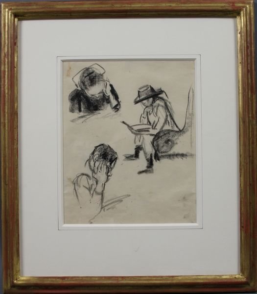 George Luks, (3) Studies of Readers, Crayon: George B. Luks (American, 1867-1933), three (3) figure studies of readers, black crayon, unsigned, identified verso, 9 1/8" x 7 1/2" (sight), in frame 16 1/2" x 14 3/8". Small stains LL and UL; slight
