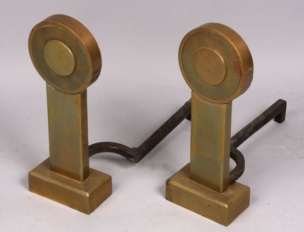 Pair of Art Deco-style Brass Andirons: Pair of Art Deco-style brass andirons, 15"h. x 5"w. Good condition.