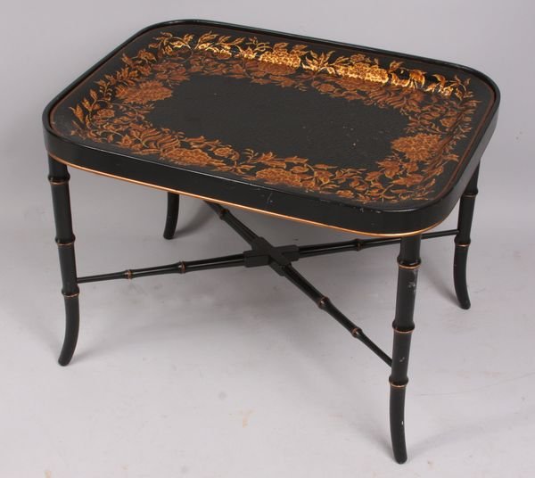 Decorated Papier Mache Table, 19 1/2"h.: Decorated papier mache table, 19 1/2"h. x 27"w. x 20"d. Good condition.