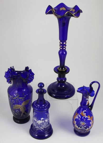 (4) Cobalt Glass pcs, 3 Victorian w/ Enameling: Four (4) cobalt glass pieces, to include: three Victorian enamel decorated pieces - ewer, 9 1/2"h., ruffled top vase, 9 1/2"h., and decanter, 9 1/4"h.; single gilt-decorated cobalt glass epergne on co