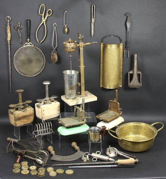 Kitchen Lot w/ Christofle Silverplate Creamer: Kitchen lot, to include Christofle silverplate creamer, cheese slicers, milkshake maker, cake decoration tools, lemon squeezer, etc. As found condition.