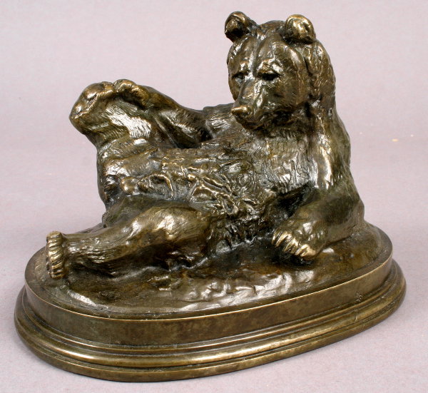 SIGNED ANTOINE LOUIS BARYE BRONZE RECLINING BEAR