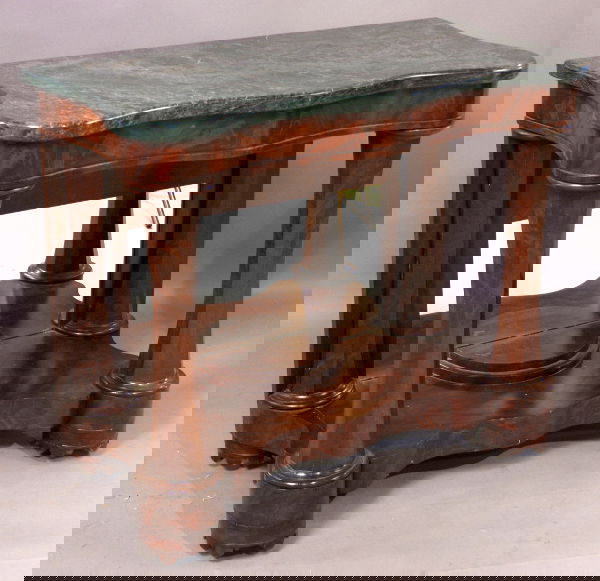 BOSTON EMPIRE MAHOGANY MARBLE-TOP PIER TABLE: Boston Empire mahogany marble-top pier table, 37"w. x 31 1/2"h. x 18 1/2"d. Good condition.