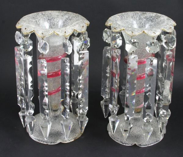 Pair of 19th C. French mantle lusters: Pair of 19th Century French mantle lusters with pink 'snake' overlay decoration, 10 1/2"h. 1 1/4" rim chip to one.