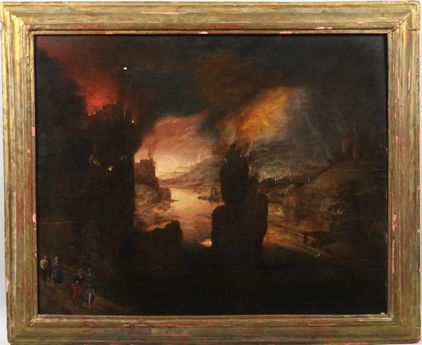 Italian or Dutch School, 'Sodom and Gommorrah', O: Italian or Dutch School, 'Sodom and Gomorrah', 17th or 18th Century, o/panel, 20" x 25", 24 1/2 x 29 1/2" framed.