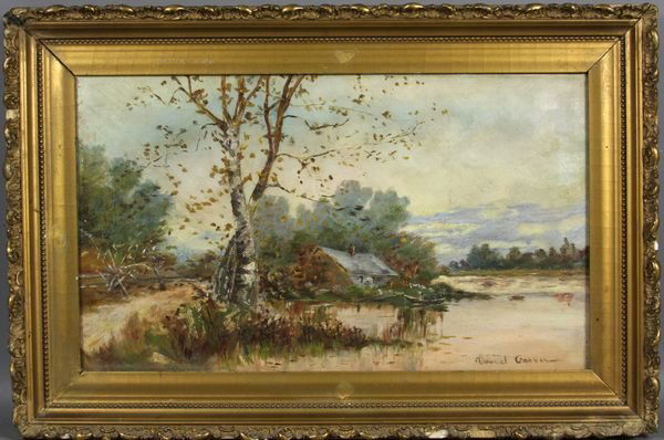 Daniel Garber (1880-1958), New England landscape,: Daniel Garber (American, 1880-1958), New England landscape, o/c, 10" x 17", 13 3/4" x 20 3/4" framed, signed LR. Good condition.