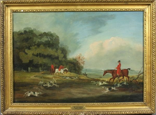 Samuel Alken, hunting scene-a lost scent: Samuel Alken (British), hunting scene-a lost scent, c. 1780, o/c, 13" x 18", 15" x 20" in gilt frame. Re-lined and areas of inpainting.