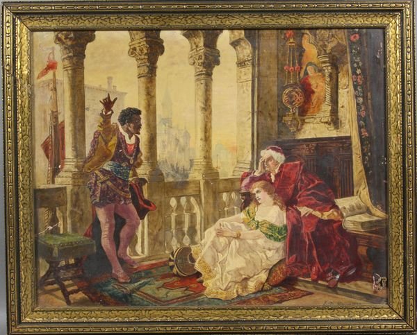 Eliza Bazen Downes, Balcony Scene, 1882, O/B: Eliza Bazen Downes, balcony scene after an image by Carl Becker, 1882, o/b, 14 1/2" x 18 1/2", 17 x 21" framed, signed LR, info verso.
