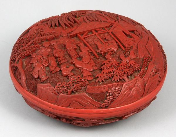 Antique Chinese Cinnabar covered round box: Antique Chinese Cinnabar covered round box, 7" diam. Good condition.