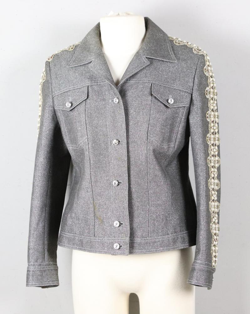 Escada Metallic Denim Jacket with Beading: Escada grey metallic denim jacket with pearl and crystal beading down the shoulders. Size 42. Good condition.