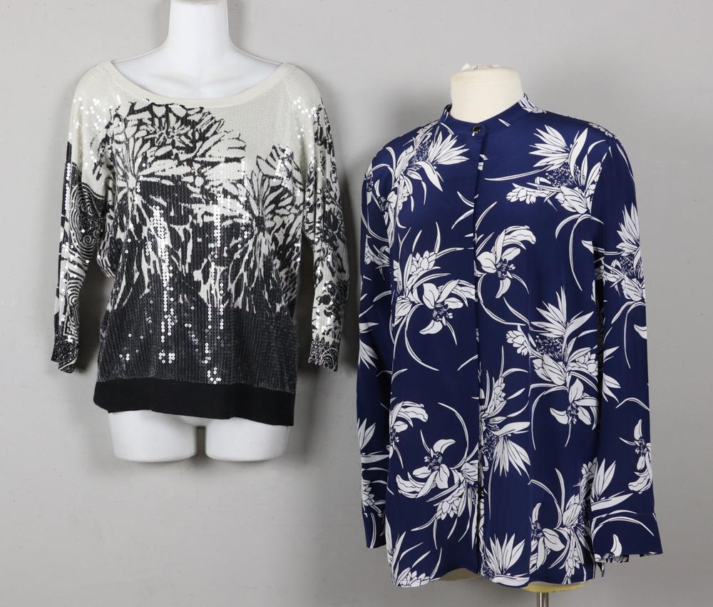 Escada Silk Blouse, Etro Sequined Sweater: Escada blue and white silk blouse, size 44, and Etro sequined sweater, size 48. Good condition.