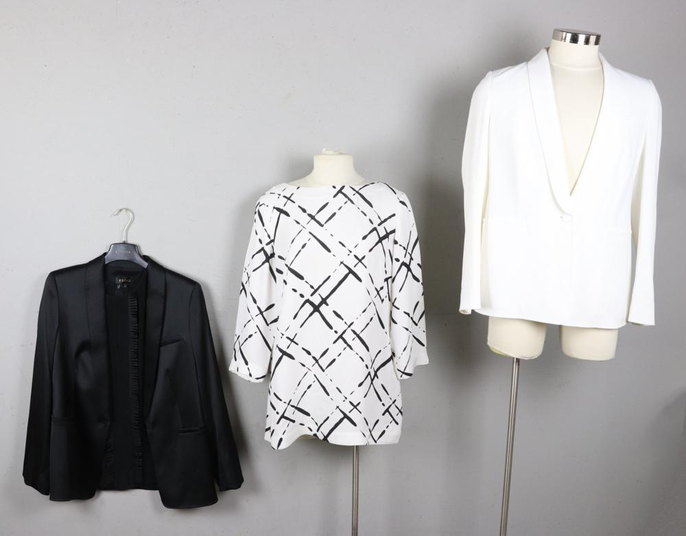 Escada Blazers, Blouses: Escada black blazer and blouse, and white blazer and matching blouse, size 42/44, lot of (4). Good condition.