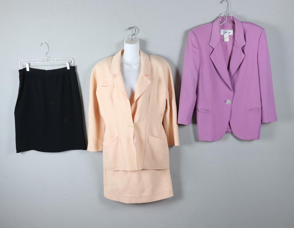 John Anthony Skirt Suit, Genny Blazer, Skirt: John Anthony peach skirt suit, Genny lilac blazer, and black wool skirt. Size 10/12. Good condition.
