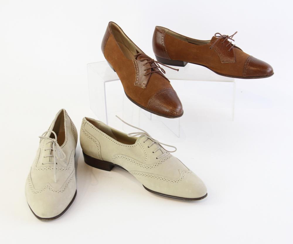 Two Pairs of Ferragamo Shoes: Two pairs of Ferragamo shoes, one pair brown suede and leather, the other pair tan suede. Size 8. Provenance: Other estates.