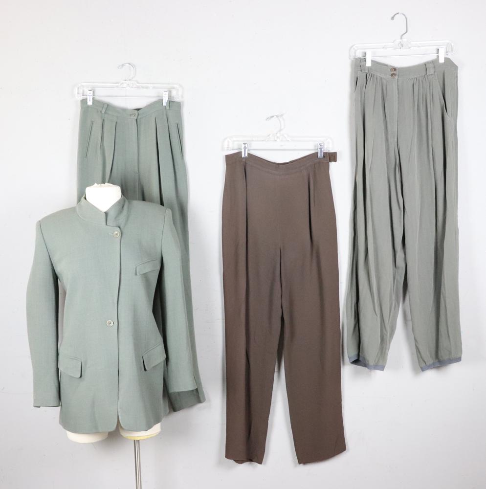 Joseph of London Suit, Valentino, Armani Pants: Joseph of London green 2-piece suit, Valentino and Giorgio Armani pants. Size 10/12. Good condition.