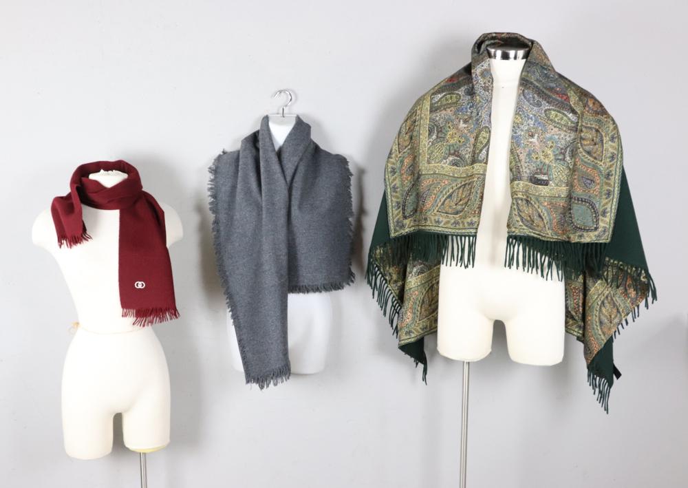 Ladies Shawls and Scarf: Group of ladies' shawls and scarf, to include one cashmere shawl, one Voghi cashmere paisley shawl, and one Gucci cashmere scarf. Good condition.