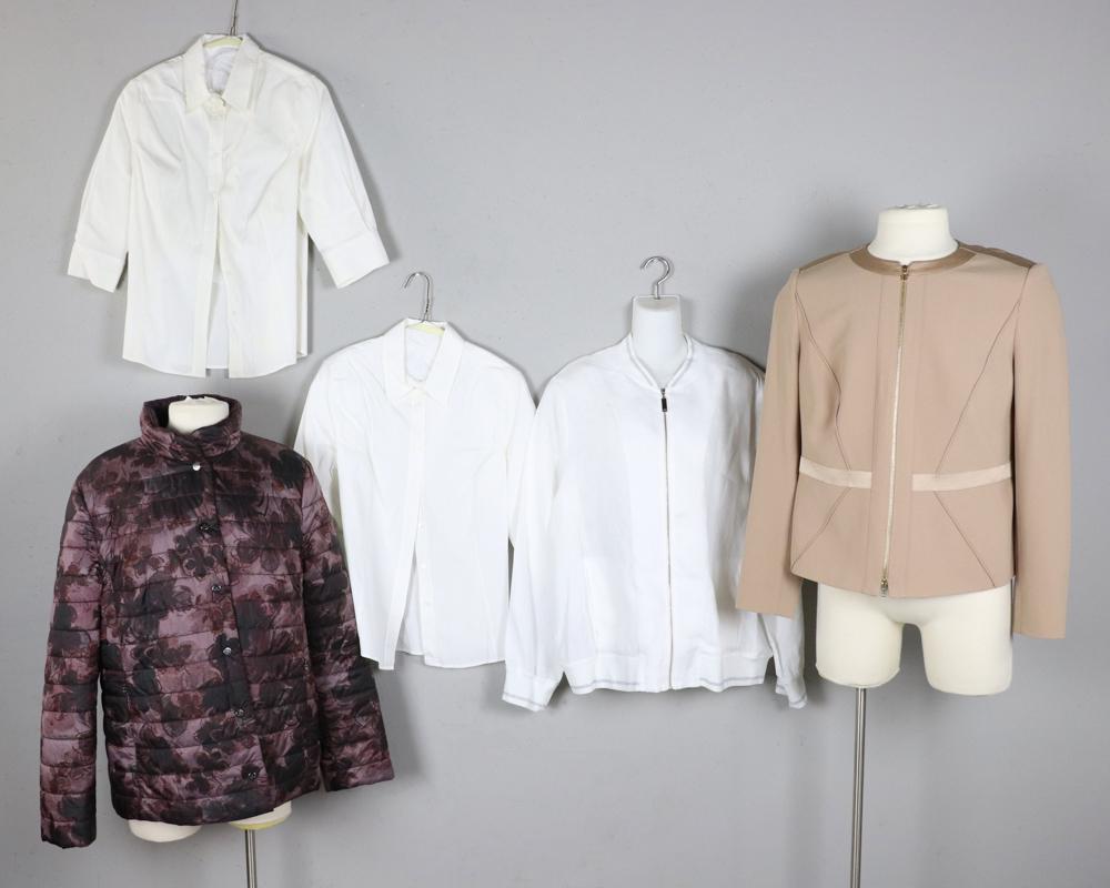 Blouses, Jackets, Herrera, Escada, Basler: Two Carolina Herrera cotton blouses, one Escada jacket, and two Basler jackets. Size M-L. Good condition.