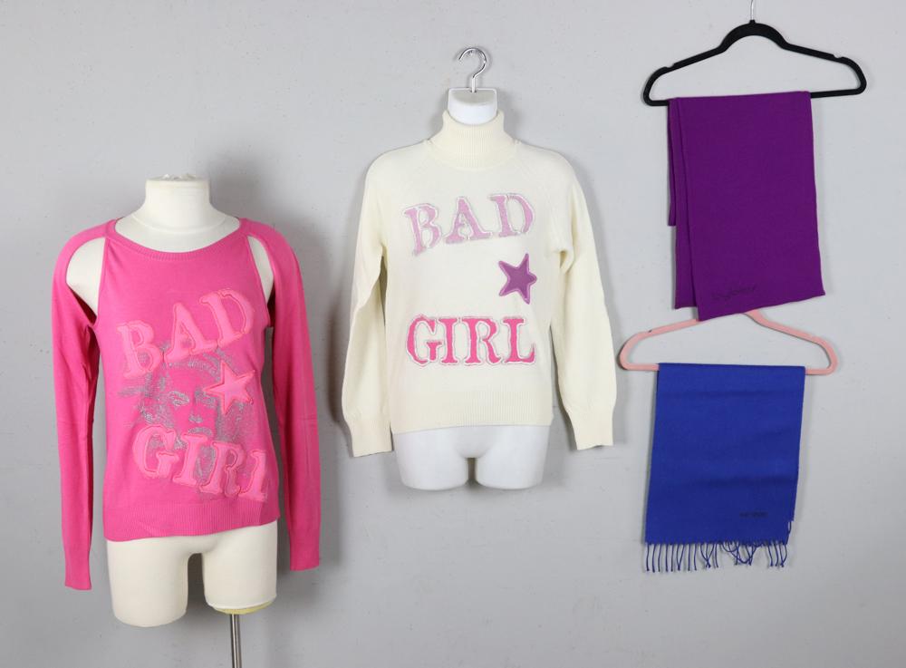 Scarves and Sweaters, Byblos, Ice B: Two Byblos scarves and two Ice B sweaters. Lot of (4). Good condition.