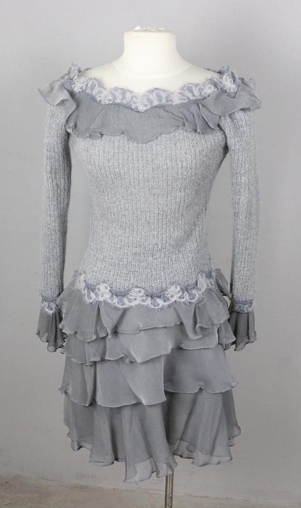Jiki Monte Carlo Sweater and Skirt: Jiki Monte Carlo grey cashmere and lace embellished sweater and matching chiffon skirt. Size 42. Good condition. Provenance: Other estates.