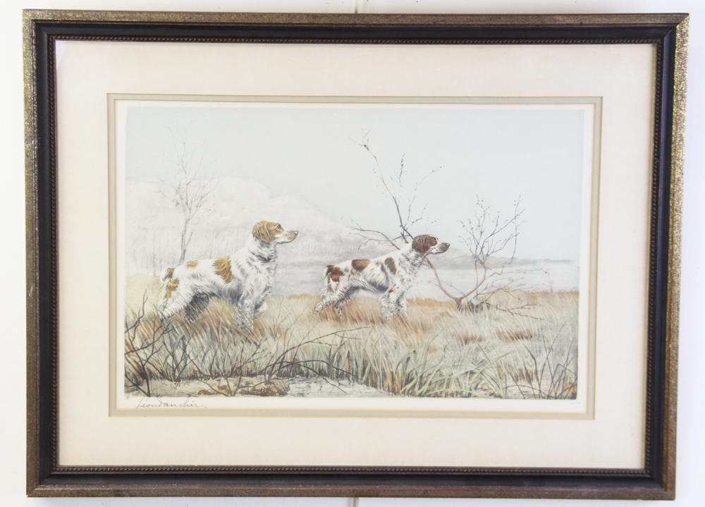 Leon Danchin, Two Etchings of Dogs: Leon Danchin, two etchings of dogs, signed, one framed 23" x 32", the other "Breton Spaniel", framed 24" x 33". Provenance: Estate of Evelyn Wallace Richter, Palm Beach, Florida.