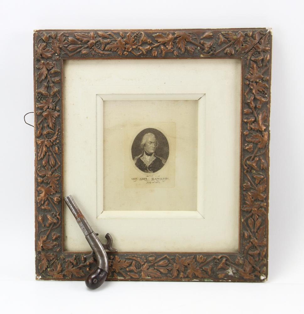 Alexander Hamilton Stevengraph, Derringer: General Alexander Hamilton commemorative Stevengraph, July 11th 1804, including an old antique Derringer pistol, 6 1/4", framed 17" x 16". Provenance: Nahant, Massachusetts.