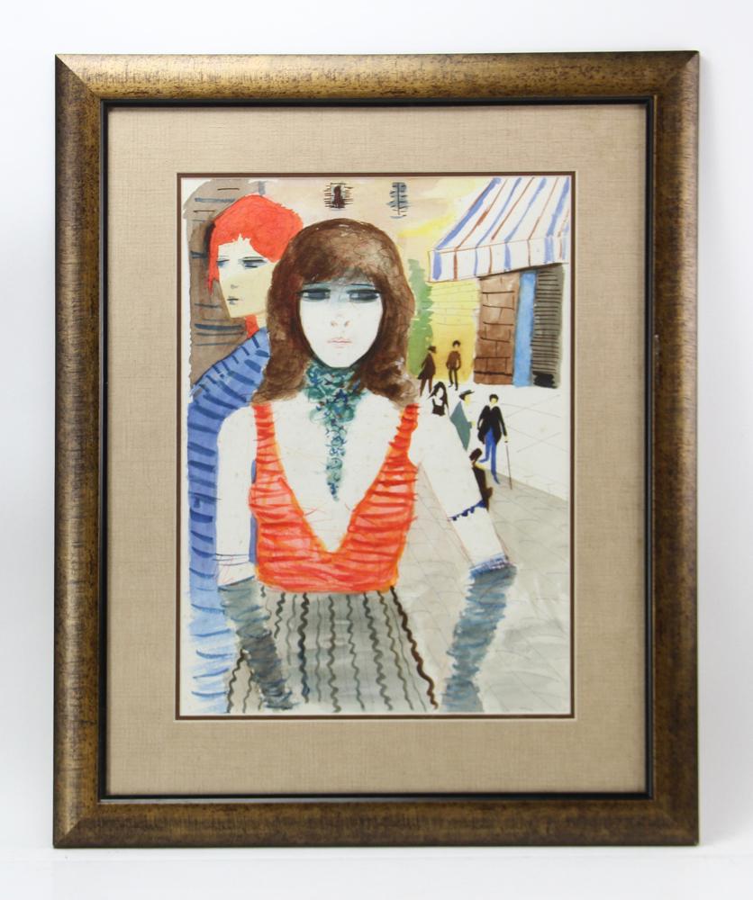 Street View with Girl in Grey Skirt, Watercolor (1 of 6)