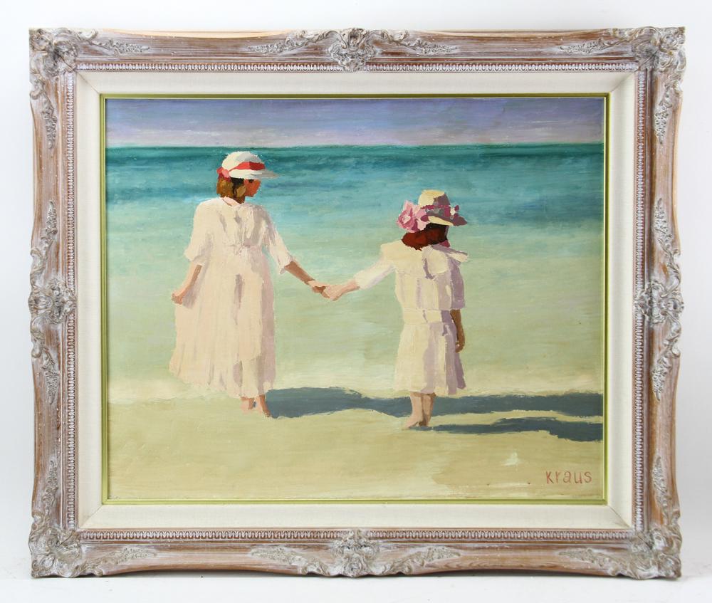 Kraus, Hand in Hand, Oil on Canvas: Kraus, "Hand in Hand", oil on canvas, signed L/R, marked on stretcher verso Harold Kraus, titled and dated 1987. Provenance: Dr. Robert Shafer collection.