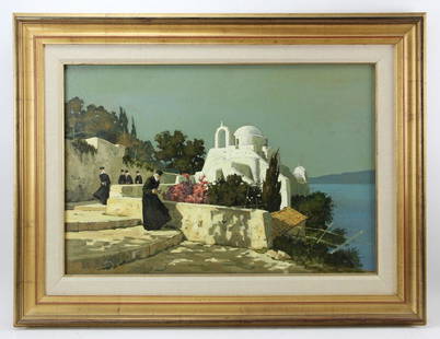 Lucio Sollazzi, Praying At the Orthodox Church: Lucio Sollazzi, praying at the orthodox church, oil on canvas, 21" x 31", framed 30 1/2" x 40". Provenance: Dr. Robert Shafer collection.