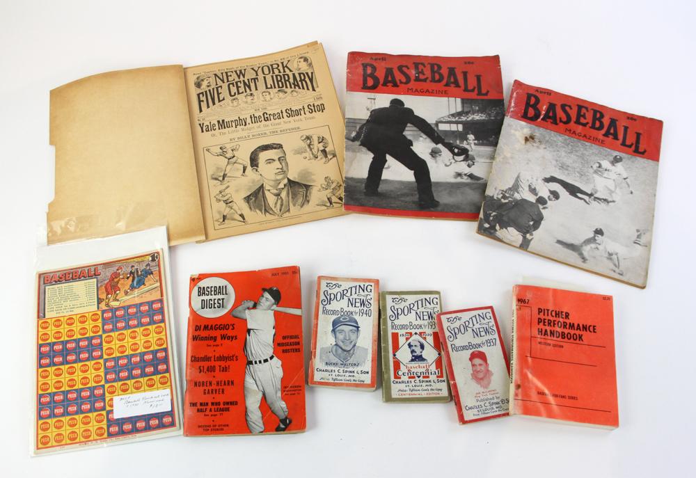 Collection of Baseball Memorabilia: Collection of baseball memorabilia, including (2) issues of Baseball magazine, April '48 and '49; (2) early baseball newspapers, 1881-1894; Baseball Digest, July 1951; Pitcher Performance; punchout ca