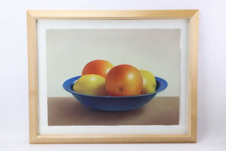 Robert Peterson, Oranges, Lemons, Pastel: Robert Peterson (b.1945), oranges, lemons with blue bowl, pastel on paper, 18 1/2" x 28 1/2", framed and under glass, 26" x 34". Provenance: Peabody, Massachusetts.