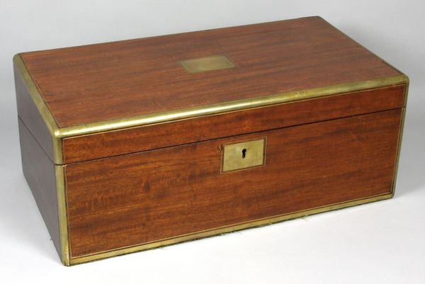 19th C. brass-bound mahogany lap desk box