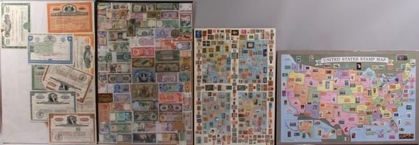 Group of four (4) poster boards having miscellane: Group of four (4) poster boards having miscellaneous and assorted world paper money; Pennsylvania Railroad stock certificates, nine (9) in total; United States stamp map having stamps from all fifty (