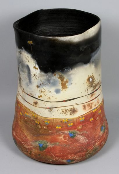 Bennett Bean earthenware vase: 20th Century earthenware vase by Bennett Bean (American, b. 1941), glazed and polychromed, 14" h. x 10 3/8" diam. Property of the late Roberty O. Peterson, San Diego, CA.