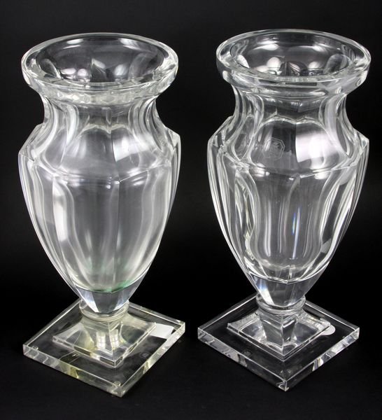 Pair of Monumental 20th C. Italian Glass Vases: Pair of monumental early 20th Century Italian cut glass vases, 14 1/2"h. One with old repair to base.