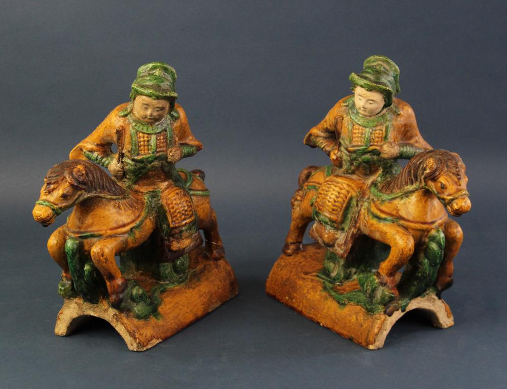 Chinese Roof Tiles: Chinese roof tiles two, riders on horseback tan with green, Ming dynasty style, 13 1/2" x 12 1/2".