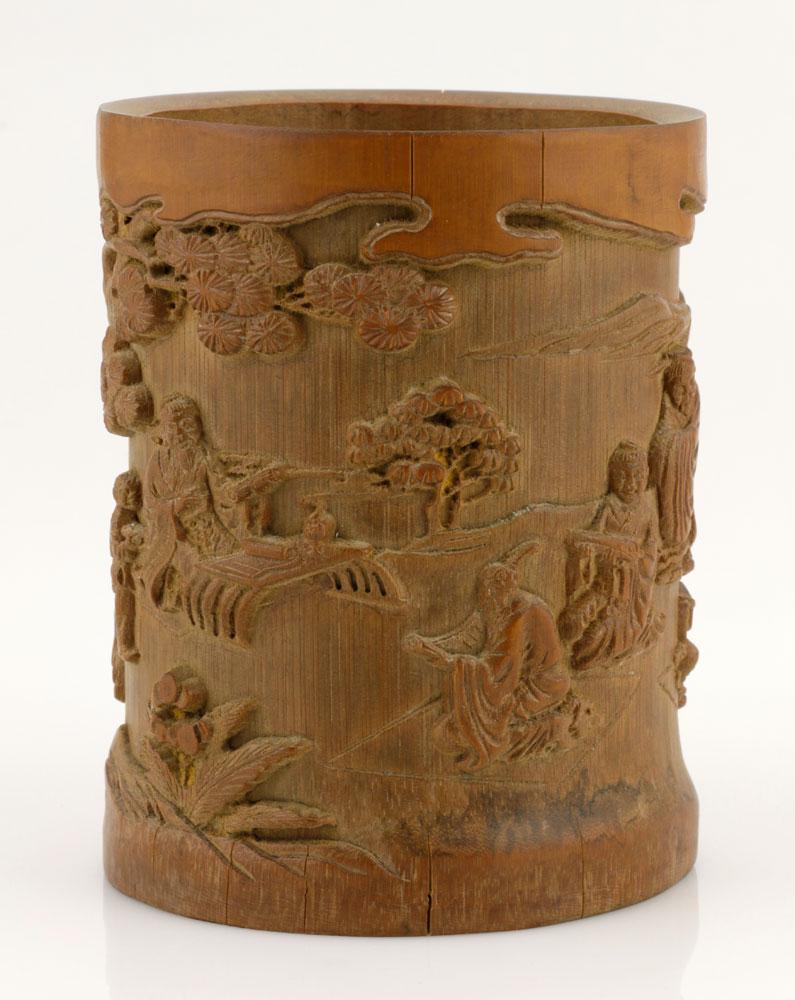 Chinese Carved Bamboo Brush Pot: Chinese carved bamboo brush pot, 6 1/4" x 4 3/4".