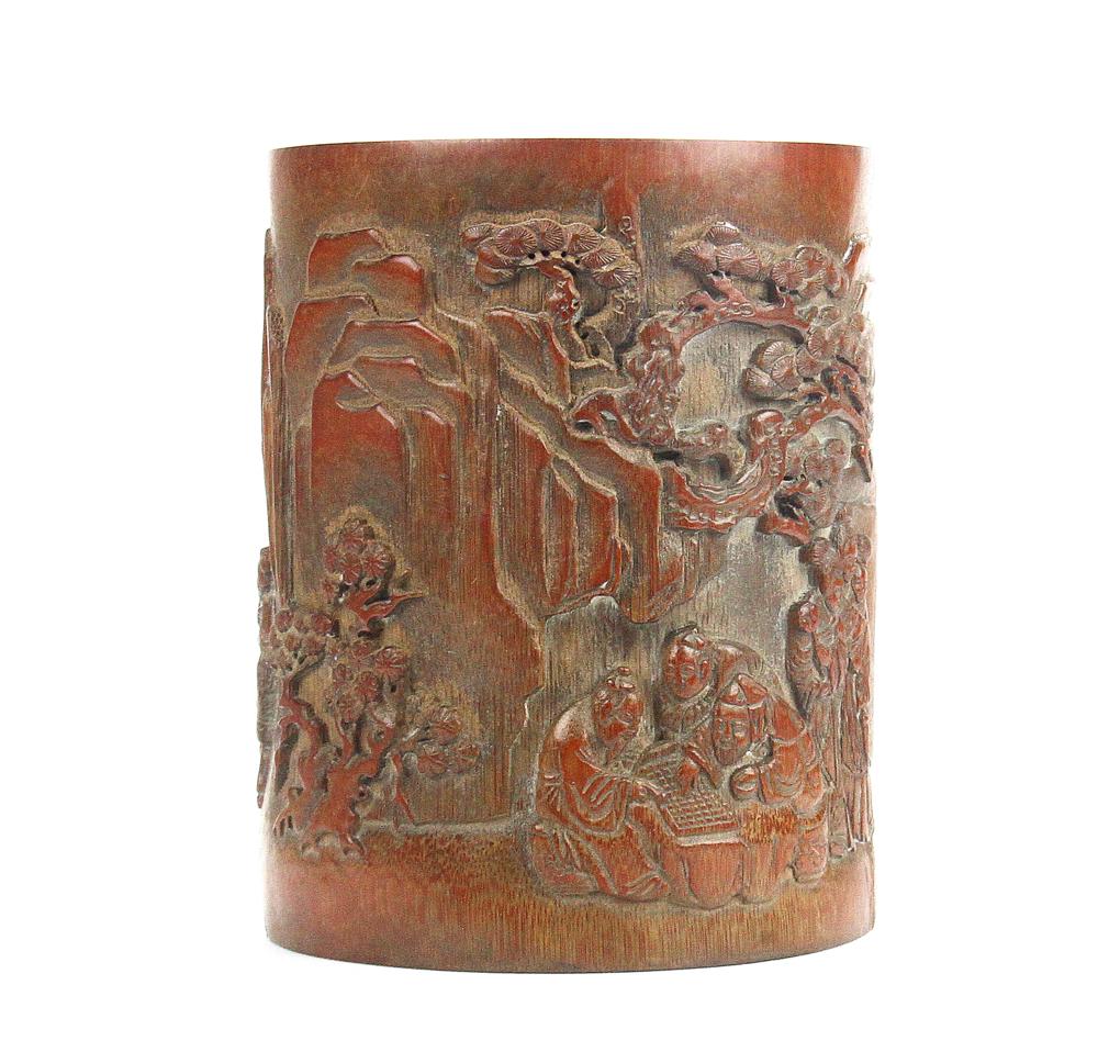 Chinese Carved Bamboo Brush Pot: Chinese carved bamboo brush pot, 6 3/4" x 5 1/2".
