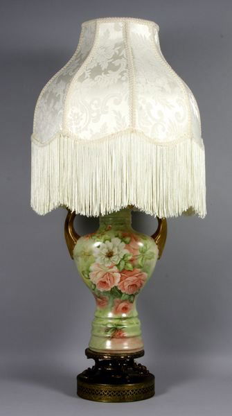Early 20th C. Limoges lamp, 33" h., artist signed: Early 20th Century Limoges lamp, 33" h. (including shade and base), artist signed. Pictured on pages 67 and 159 of 'Antique Limoges at Home' by Debby DuBay. Good condition, slight damage to shade.