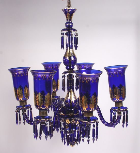 Late 19th-20th C. cobalt glass 6 arm chandelier