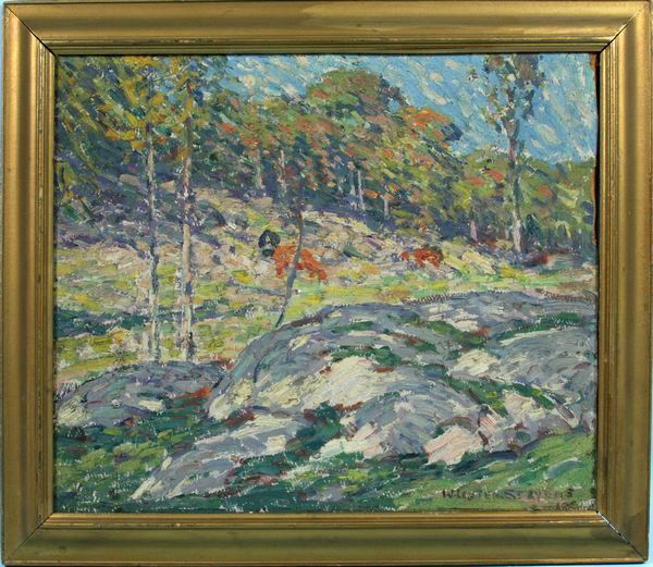 William Lester Stevens, autumn hillside, O/B: William Lester Stevens (American, 1888-1969), autumn hillside, o/b, late 19th or 20th century, 15" x 17 1/2", 18" x 21" framed, signed and dated LR (date is indistinct). Rubbed on right edge.