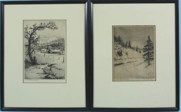Two (2) engravings signed Bert D. Montague, New E: Two (2) American School engravings signed Bert D. Montague; one (1) New England summer scene, 1945, 8 1/4" x 5 3/4", 15 3/4" x 12 1/2" framed and glazed; one (1) New England winter scene, 1944, 7 1/4"