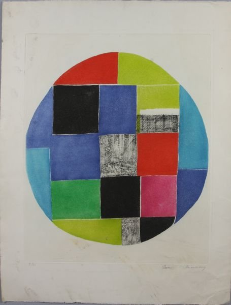 Sonia Terk-Delaunay, print with colors, 26 7/8" x: Sonia Terk-Delaunay (Russian, French, and American, 1885-1979), print with colors, signed in pencil LR below the plate, noted 'E.A.' in pencil LL below the plate, 19 1/2" x 15 5/8" (plate size), 26 7/
