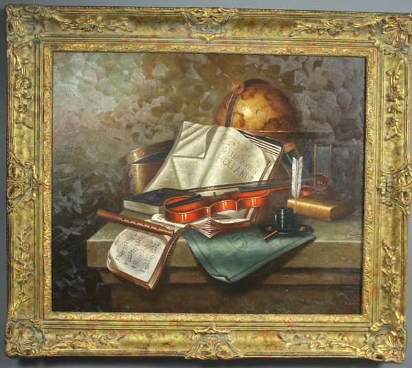 E L Torge, Still Life of Books, Violin, Globe, o: E L Torge, still life of books, violin, globe, etc., o/c, signed, 20" x 24", in frame 26" x 30".