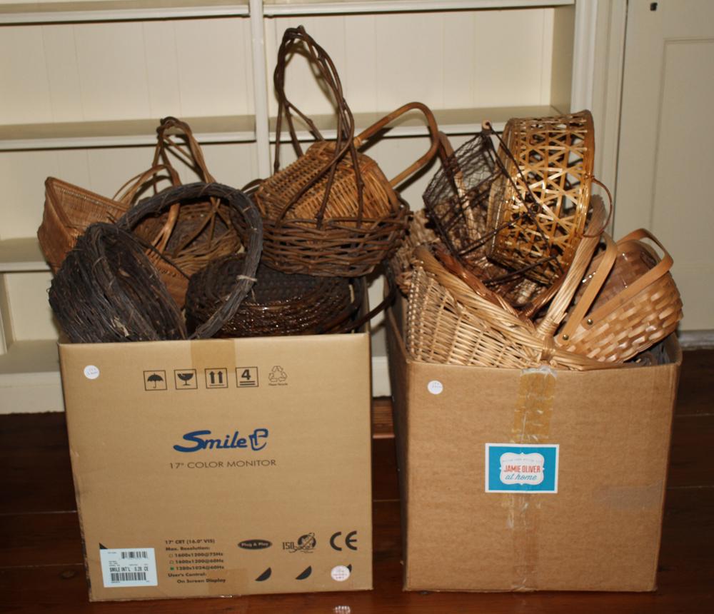 Large Assortment of Decorative Baskets: Large assortment of decorative baskets, twig, woven, wire, etc., various shapes and sizes. Good condition. Provenance: Estate of David J. Bryan, MD, Groton, Massachusetts.