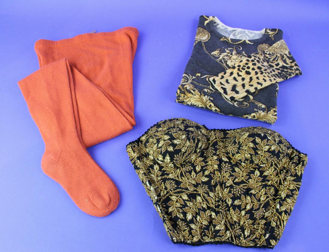 Gold and Black Bustier, Sweater, Biagiotti Leggings: Gold and black bustier, gold and black body sweater size L, Laura Biagiotti orange leggings size 42.