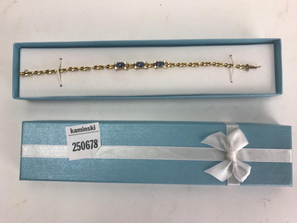 18k Yellow Gold, Sapphire and Diamond Bracelet,: 18k yellow gold, sapphire and diamond bracelet, gross weight approximately 7.10 dwt, (3) cabochon blue sapphires approximately 2.68 ctw, (12) diamonds approximately 0.36 ctw, 6 3/4" long. Provenance: 